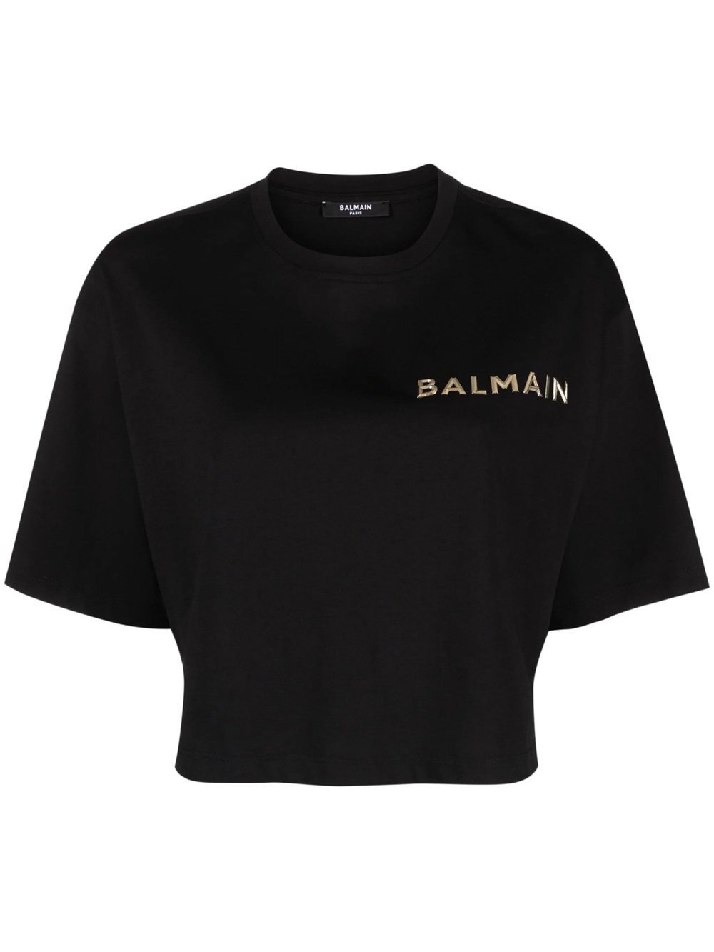 Balmain Black Cropped Logo Tee with Gold Embossed Badge